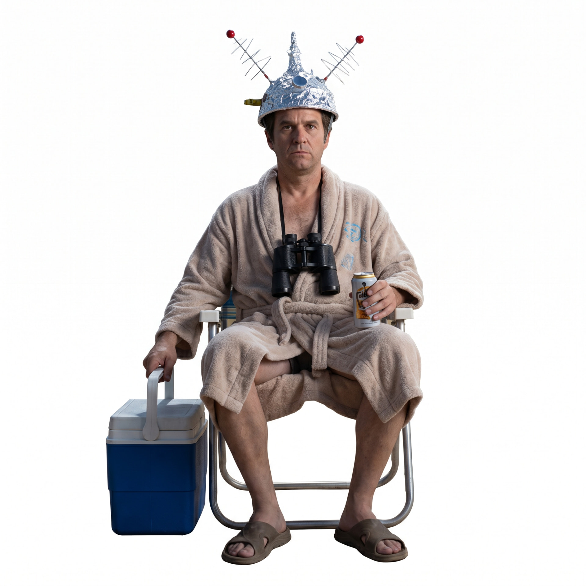 Gary in his foil antenna hat and bathrobe, holding a drink and a cooler, ready for another all-night sky watch